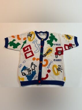 Vintage | Monopoly Colorful Graphic Knit Cardigan with Playful Icons